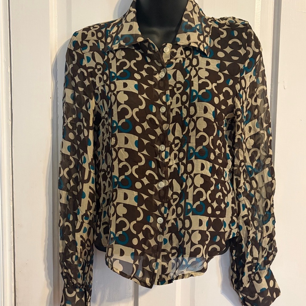 Barneys New York CO-OP Brown and Blue Geometric Silk Blouse